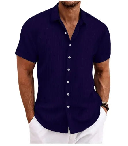 Men’s Jacquard Wave Stripe Shirt – Solid Color Short Sleeve Casual Top
