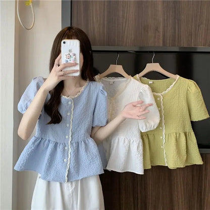 Women’s Chiffon Blouse – Korean Style Lace Splicing with Ruffles & Bubble Sleeves, Loose Summer Fit