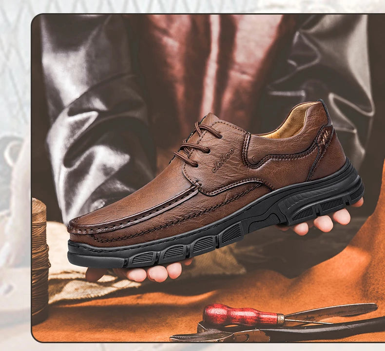 CLOHOO Men’s Handmade Leather Loafers – Breathable Casual Shoes with Thick Rubber Sole