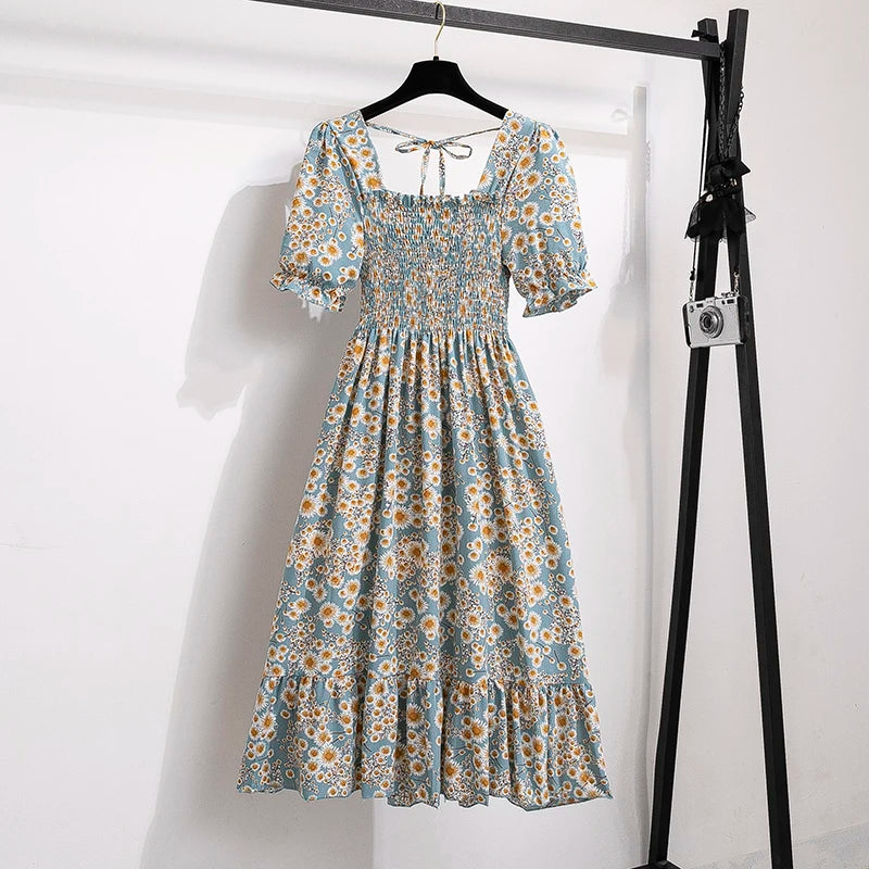 Spring Summer Women’s Chiffon Dress – Elegant Pleated Short Sleeve A-Line Casual Wear