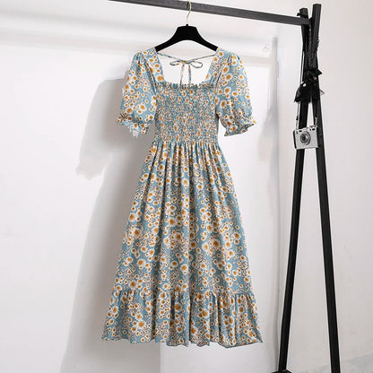 Spring Summer Women’s Chiffon Dress – Elegant Pleated Short Sleeve A-Line Casual Wear