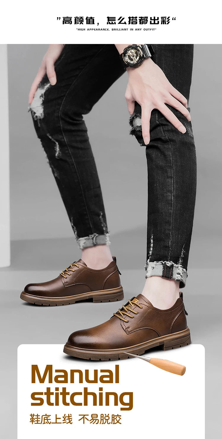 CLOHOO Men’s Handmade Leather Shoes – Classic Business Casual Lace-Up with Soft Breathable Sole